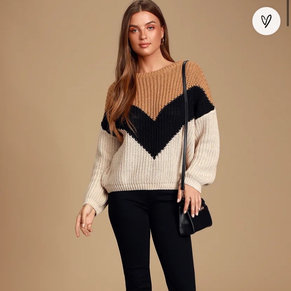 Lulus Autumn Leaves Tan Multi Chevron Stripe Knit Sweater